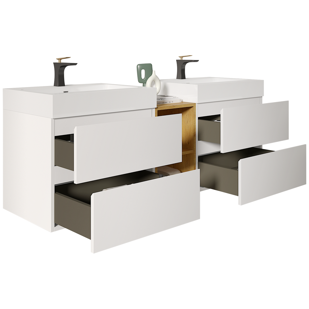 U062-Alice60W-201 Alice 60" White Bathroom Vanity with Double Sinks and Open Shelf, Modern Wall Mounted Floating Bathroom Vanity, One-Piece Sink Basin without Drain and Faucet