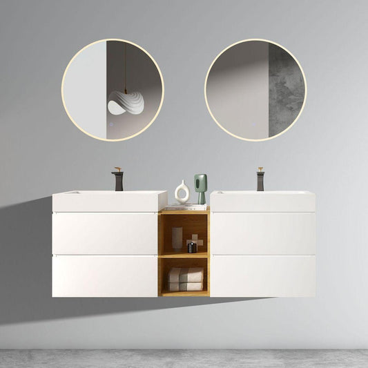 U062-Alice60W-201 Alice 60" White Bathroom Vanity with Double Sinks and Open Shelf, Modern Wall Mounted Floating Bathroom Vanity, One-Piece Sink Basin without Drain and Faucet