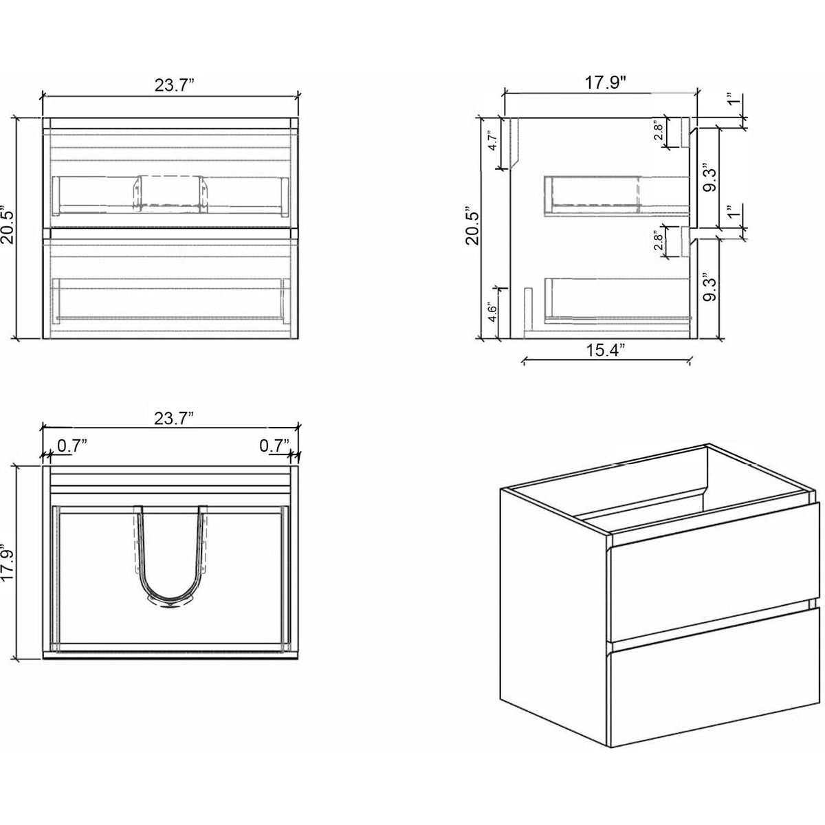 U062-Alice60W-201 Alice 60" White Bathroom Vanity with Double Sinks and Open Shelf, Modern Wall Mounted Floating Bathroom Vanity, One-Piece Sink Basin without Drain and Faucet