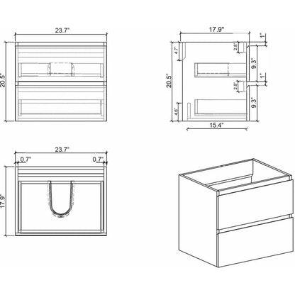 U062-Alice60W-201 Alice 60" White Bathroom Vanity with Double Sinks and Open Shelf, Modern Wall Mounted Floating Bathroom Vanity, One-Piece Sink Basin without Drain and Faucet