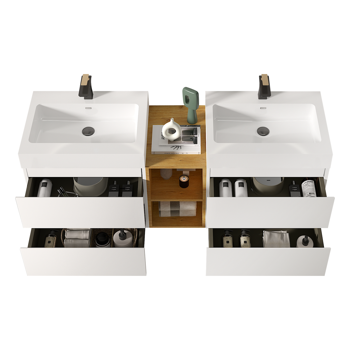 U062-Alice60W-201 Alice 60" White Bathroom Vanity with Double Sinks and Open Shelf, Modern Wall Mounted Floating Bathroom Vanity, One-Piece Sink Basin without Drain and Faucet