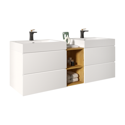 U062-Alice60W-201 Alice 60" White Bathroom Vanity with Double Sinks and Open Shelf, Modern Wall Mounted Floating Bathroom Vanity, One-Piece Sink Basin without Drain and Faucet