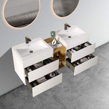 U062-Alice60W-201 Alice 60" White Bathroom Vanity with Double Sinks and Open Shelf, Modern Wall Mounted Floating Bathroom Vanity, One-Piece Sink Basin without Drain and Faucet