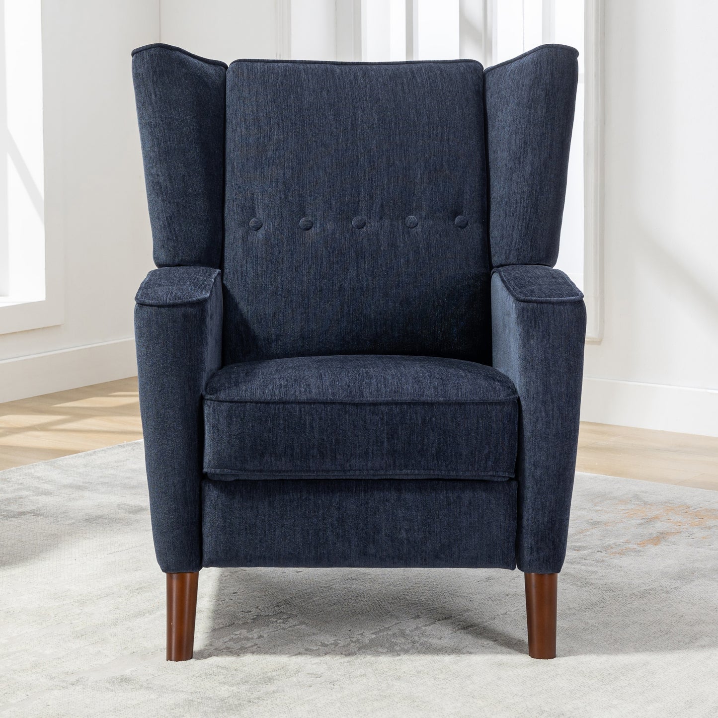 Mid Century Chenille Wingback Recliner Chair, Button Tufted Design Pushback Recliner Chair with Armrest and Solid Wood Legs, for Bedroom Living Room, Navy Blue