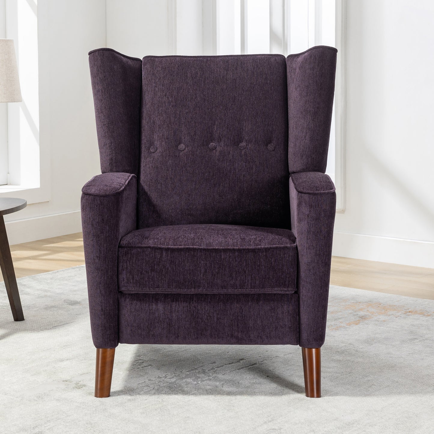 Mid Century Chenille Wingback Recliner Chair, Button Tufted Design Pushback Recliner Chair with Armrest and Solid Wood Legs, for Bedroom Living Room, Purple