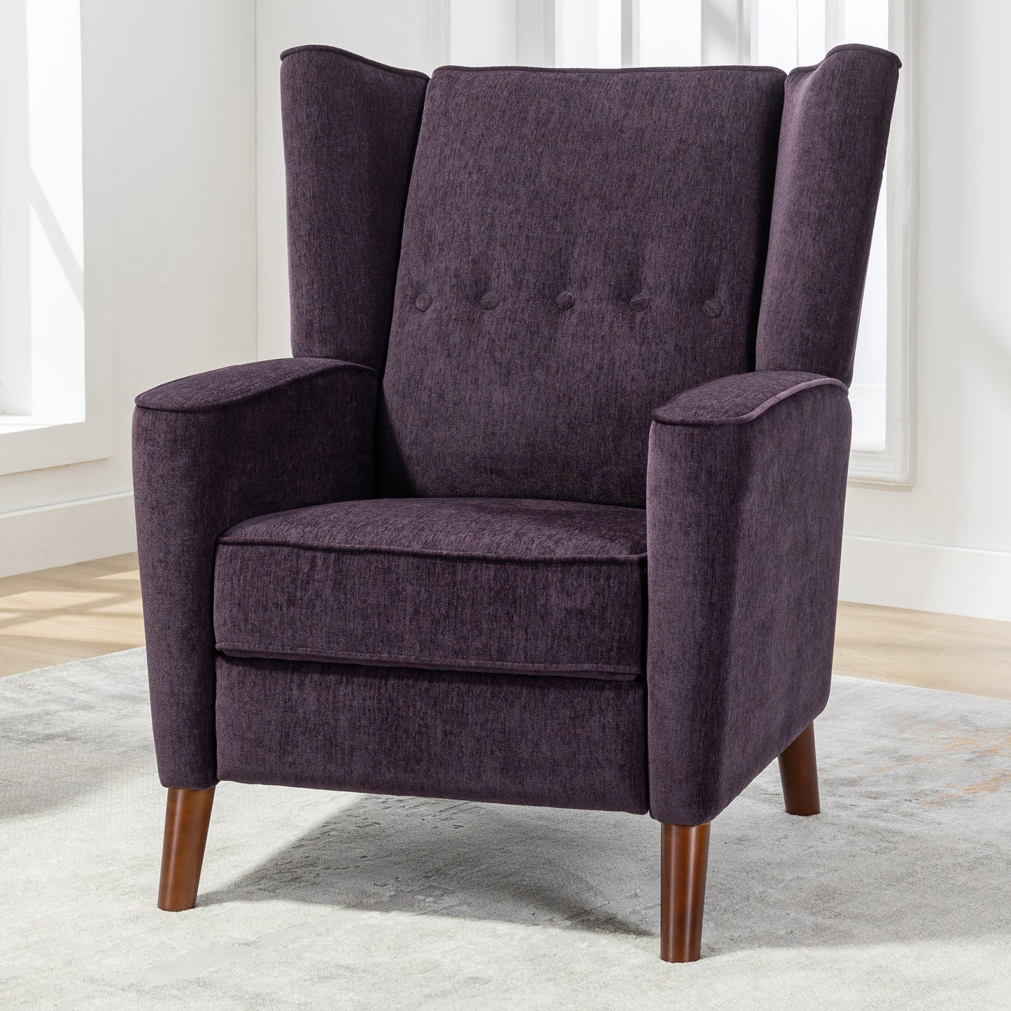 Mid Century Chenille Wingback Recliner Chair, Button Tufted Design Pushback Recliner Chair with Armrest and Solid Wood Legs, for Bedroom Living Room, Purple