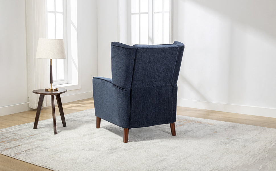 Mid Century Chenille Wingback Recliner Chair, Button Tufted Design Pushback Recliner Chair with Armrest and Solid Wood Legs, for Bedroom Living Room, Navy Blue