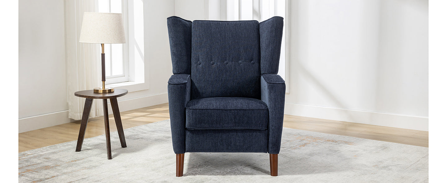 Mid Century Chenille Wingback Recliner Chair, Button Tufted Design Pushback Recliner Chair with Armrest and Solid Wood Legs, for Bedroom Living Room, Navy Blue