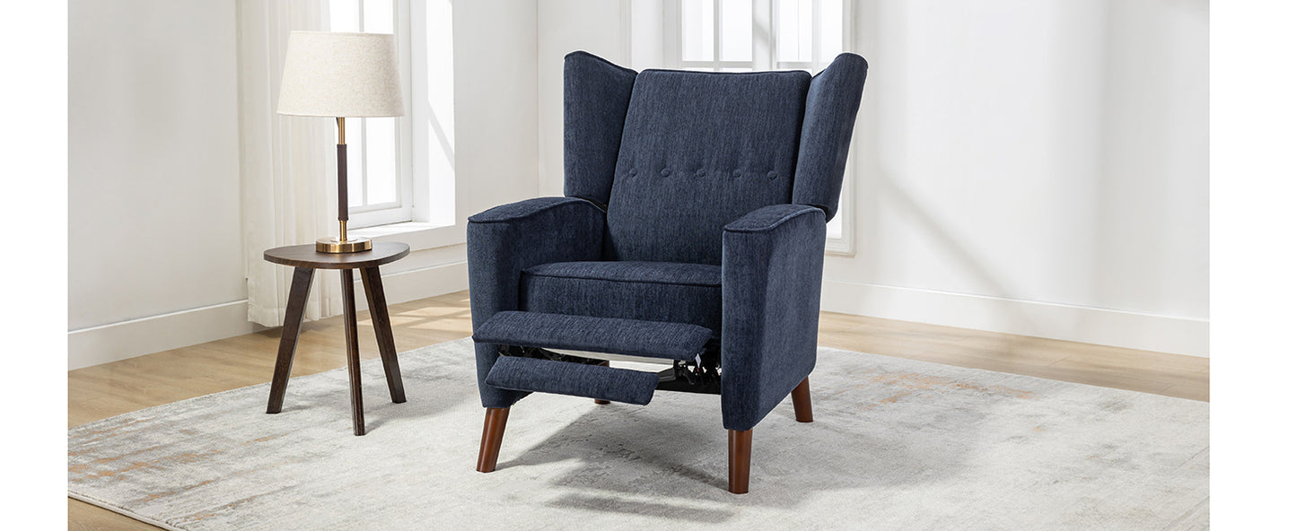 Mid Century Chenille Wingback Recliner Chair, Button Tufted Design Pushback Recliner Chair with Armrest and Solid Wood Legs, for Bedroom Living Room, Navy Blue