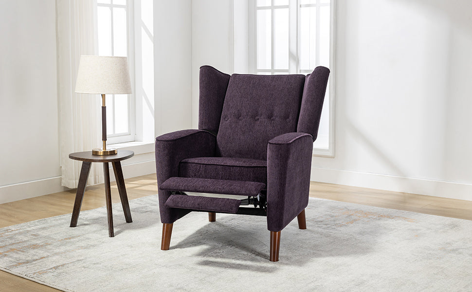 Mid Century Chenille Wingback Recliner Chair, Button Tufted Design Pushback Recliner Chair with Armrest and Solid Wood Legs, for Bedroom Living Room, Purple