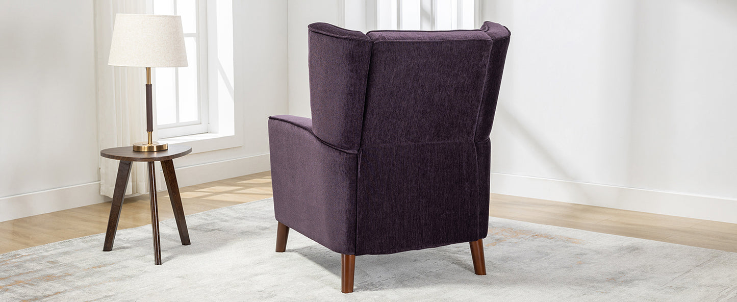 Mid Century Chenille Wingback Recliner Chair, Button Tufted Design Pushback Recliner Chair with Armrest and Solid Wood Legs, for Bedroom Living Room, Purple