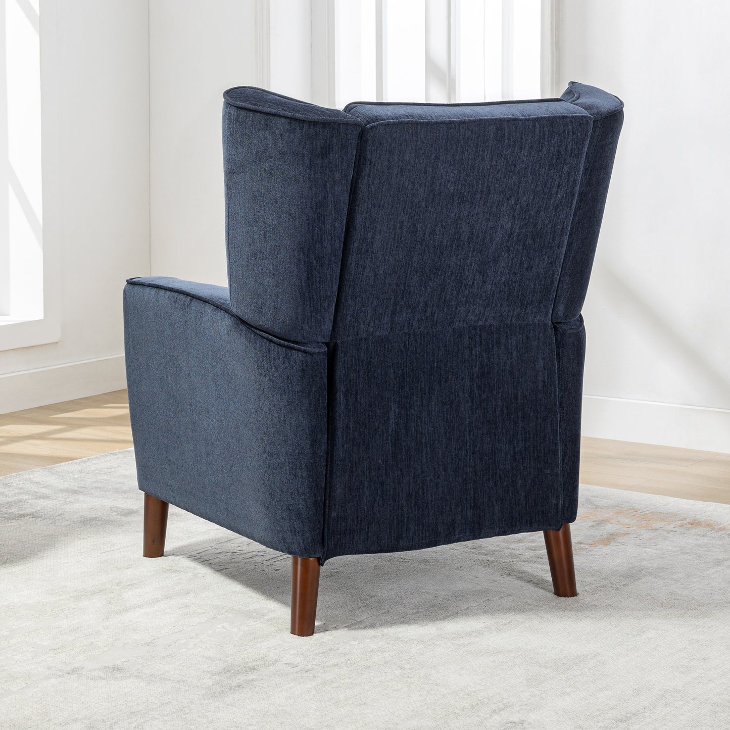 Mid Century Chenille Wingback Recliner Chair, Button Tufted Design Pushback Recliner Chair with Armrest and Solid Wood Legs, for Bedroom Living Room, Navy Blue