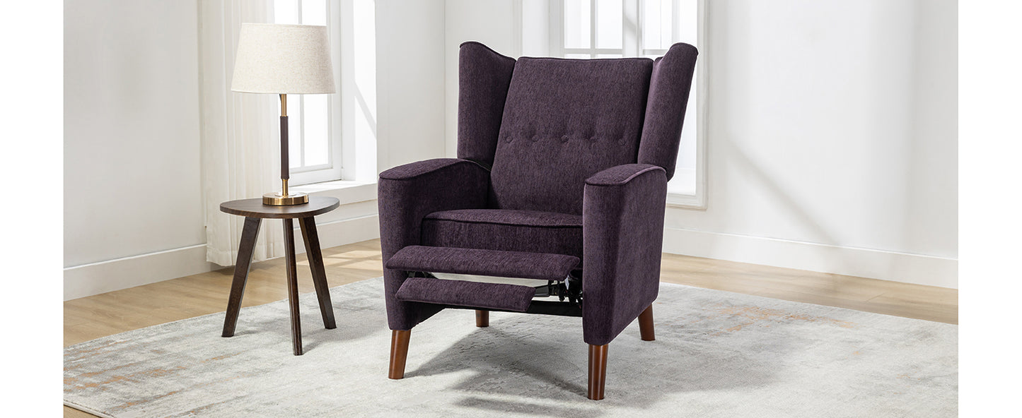 Mid Century Chenille Wingback Recliner Chair, Button Tufted Design Pushback Recliner Chair with Armrest and Solid Wood Legs, for Bedroom Living Room, Purple