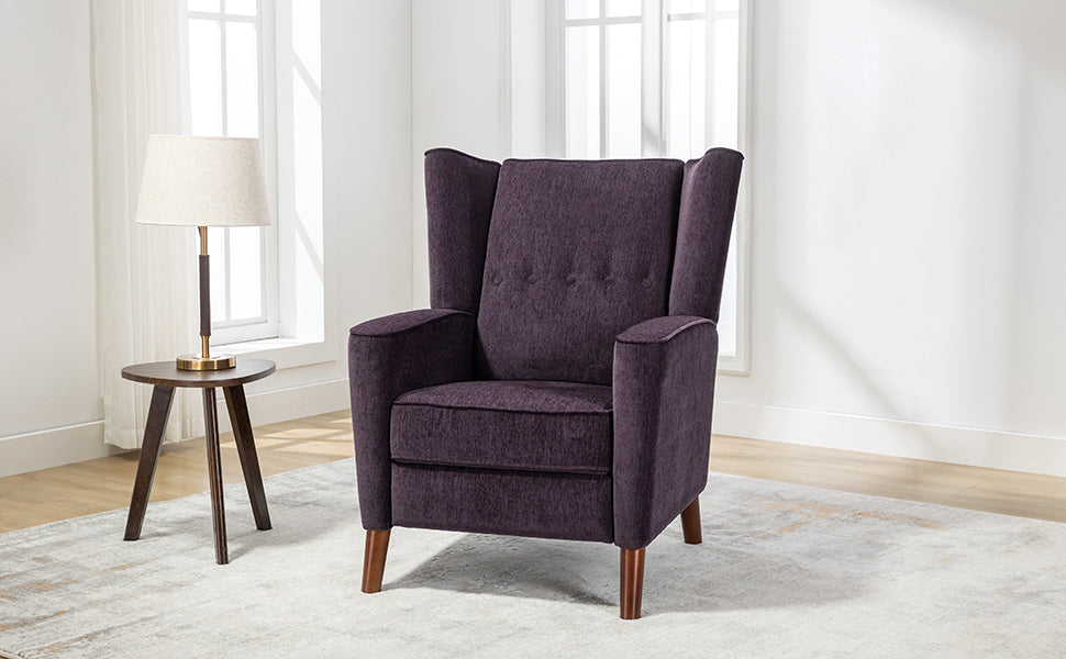 Mid Century Chenille Wingback Recliner Chair, Button Tufted Design Pushback Recliner Chair with Armrest and Solid Wood Legs, for Bedroom Living Room, Purple