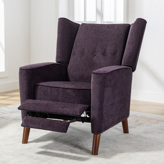 Mid Century Chenille Wingback Recliner Chair, Button Tufted Design Pushback Recliner Chair with Armrest and Solid Wood Legs, for Bedroom Living Room, Purple