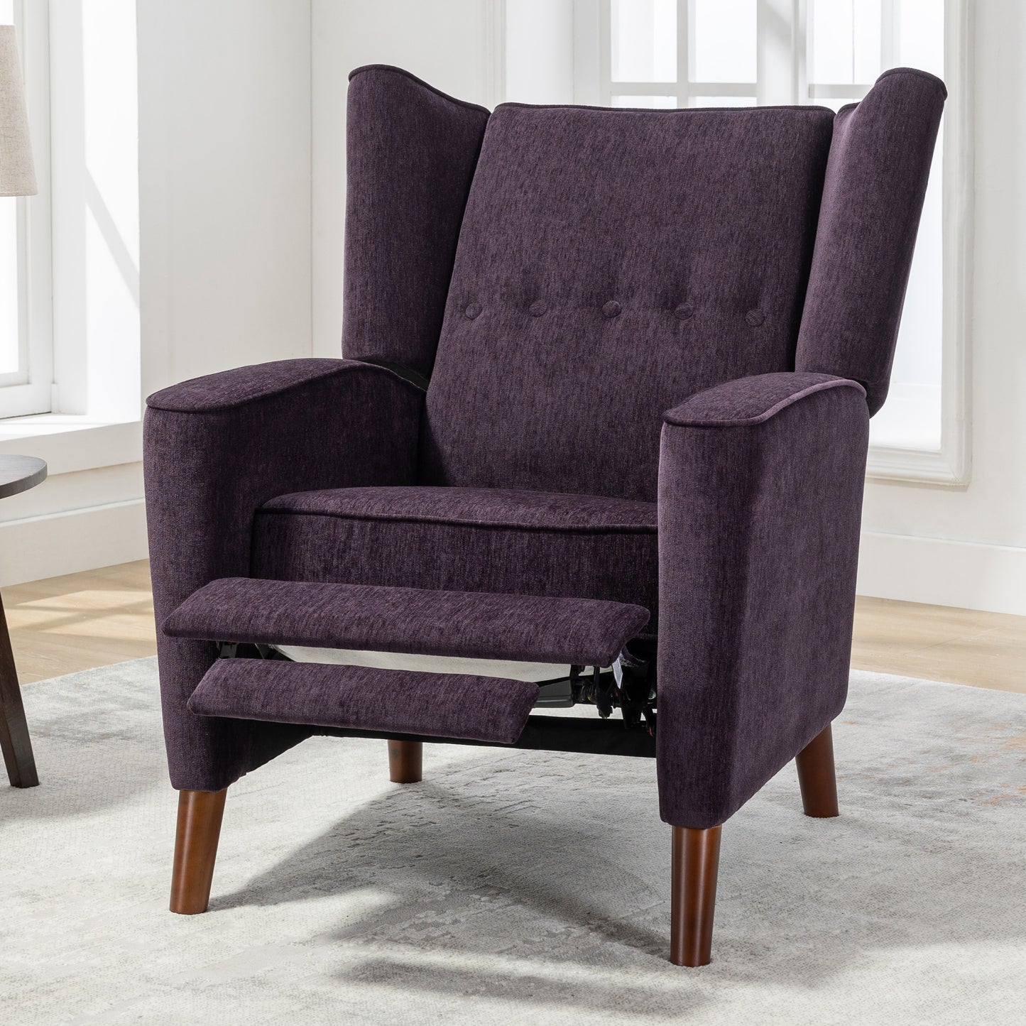 Mid Century Chenille Wingback Recliner Chair, Button Tufted Design Pushback Recliner Chair with Armrest and Solid Wood Legs, for Bedroom Living Room, Purple