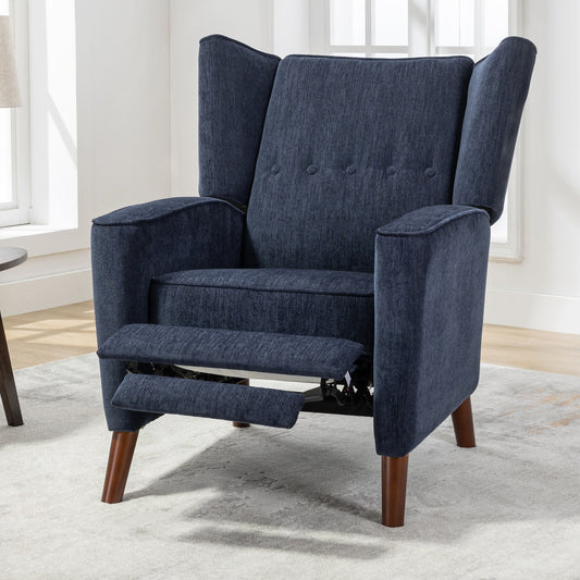 Mid Century Chenille Wingback Recliner Chair, Button Tufted Design Pushback Recliner Chair with Armrest and Solid Wood Legs, for Bedroom Living Room, Navy Blue