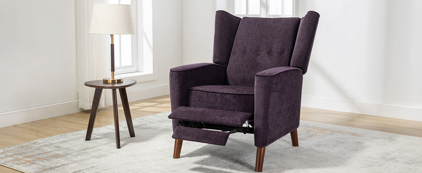 Mid Century Chenille Wingback Recliner Chair, Button Tufted Design Pushback Recliner Chair with Armrest and Solid Wood Legs, for Bedroom Living Room, Purple