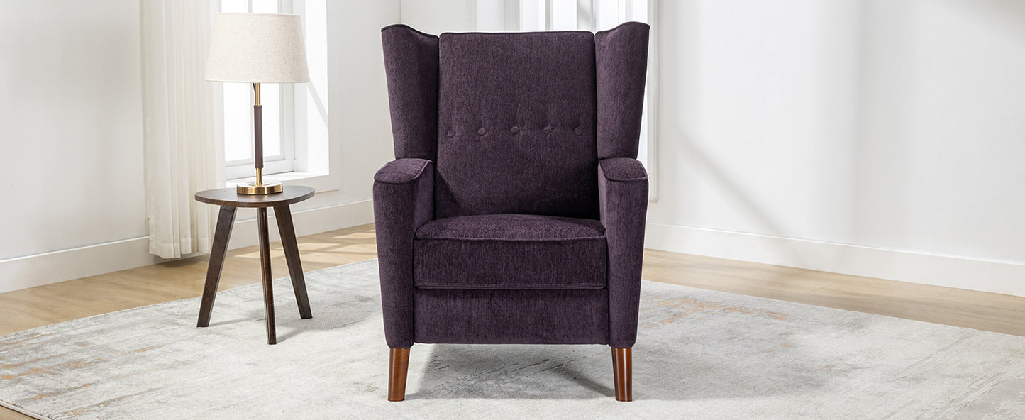 Mid Century Chenille Wingback Recliner Chair, Button Tufted Design Pushback Recliner Chair with Armrest and Solid Wood Legs, for Bedroom Living Room, Purple