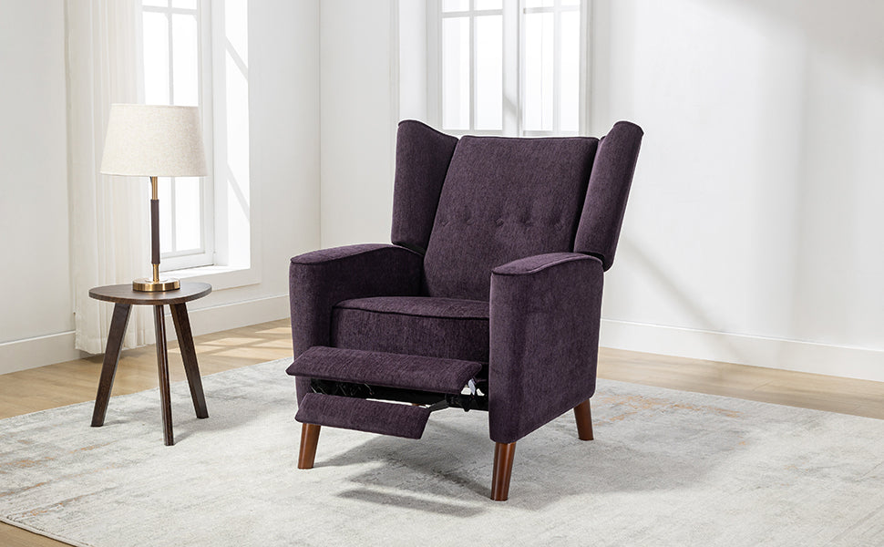 Mid Century Chenille Wingback Recliner Chair, Button Tufted Design Pushback Recliner Chair with Armrest and Solid Wood Legs, for Bedroom Living Room, Purple