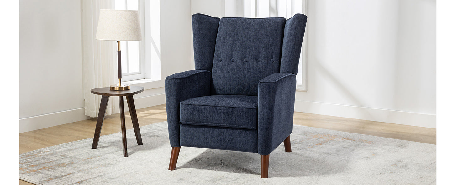 Mid Century Chenille Wingback Recliner Chair, Button Tufted Design Pushback Recliner Chair with Armrest and Solid Wood Legs, for Bedroom Living Room, Navy Blue