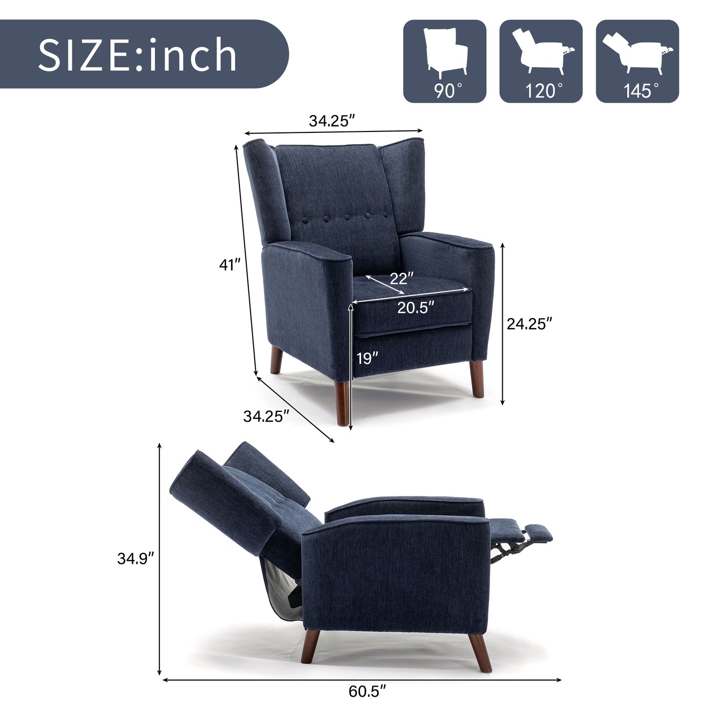 Mid Century Chenille Wingback Recliner Chair, Button Tufted Design Pushback Recliner Chair with Armrest and Solid Wood Legs, for Bedroom Living Room, Navy Blue