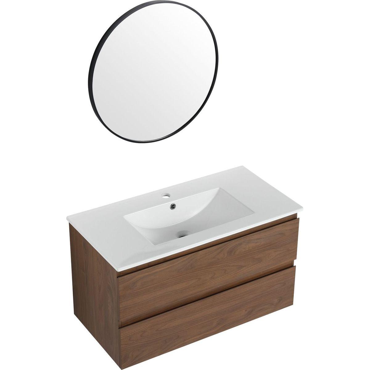 36" Wall-Mounted Bathroom Vanity With Ceramic Sink, 2-Soft Close Drawers, KD-Package