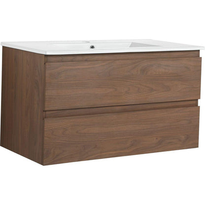 36" Wall-Mounted Bathroom Vanity With Ceramic Sink, 2-Soft Close Drawers, KD-Package