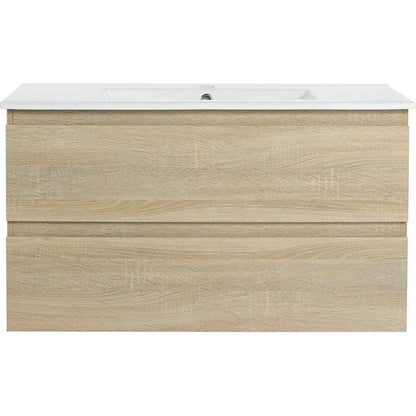 36" Wall-Mounted Bathroom Vanity With Ceramic Sink, 2-Soft Close Drawers, KD-Package