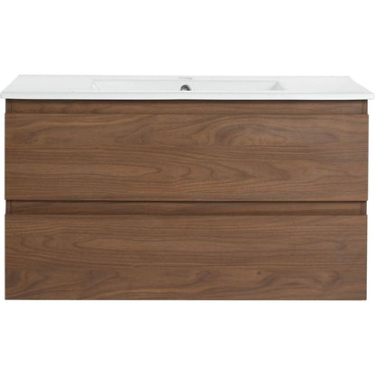 36" Wall-Mounted Bathroom Vanity With Ceramic Sink, 2-Soft Close Drawers, KD-Package