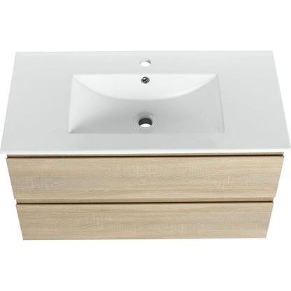 36" Wall-Mounted Bathroom Vanity With Ceramic Sink, 2-Soft Close Drawers, KD-Package