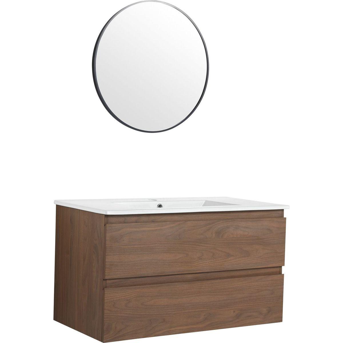 36" Wall-Mounted Bathroom Vanity With Ceramic Sink, 2-Soft Close Drawers, KD-Package