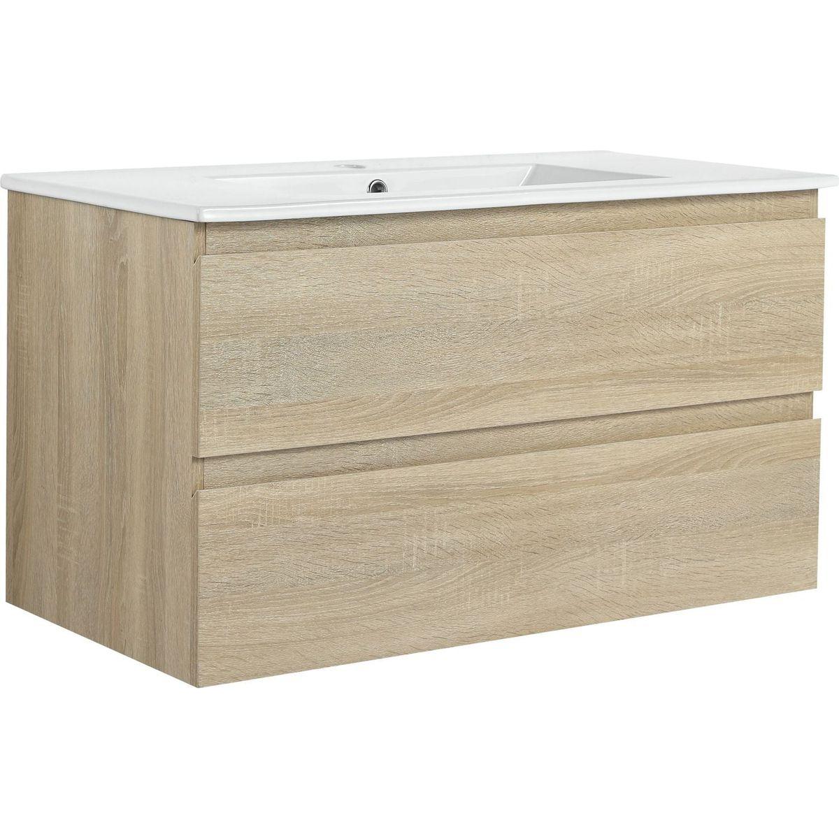 36" Wall-Mounted Bathroom Vanity With Ceramic Sink, 2-Soft Close Drawers, KD-Package