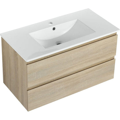 36" Wall-Mounted Bathroom Vanity With Ceramic Sink, 2-Soft Close Drawers, KD-Package