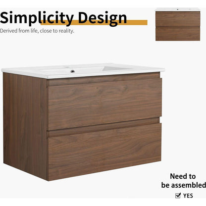 30" Wall-Mounted Bathroom Vanity With Ceramic Sink, 2-Soft Close Drawers, KD-Package