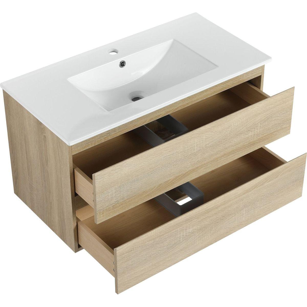 36" Wall-Mounted Bathroom Vanity With Ceramic Sink, 2-Soft Close Drawers, KD-Package