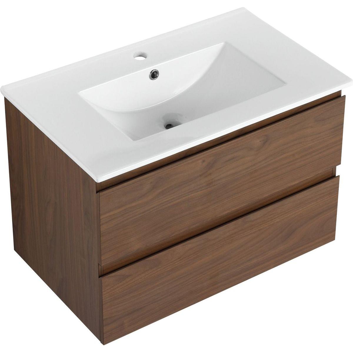 30" Wall-Mounted Bathroom Vanity With Ceramic Sink, 2-Soft Close Drawers, KD-Package