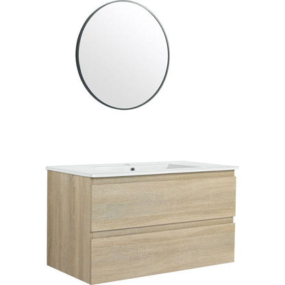 36" Wall-Mounted Bathroom Vanity With Ceramic Sink, 2-Soft Close Drawers, KD-Package