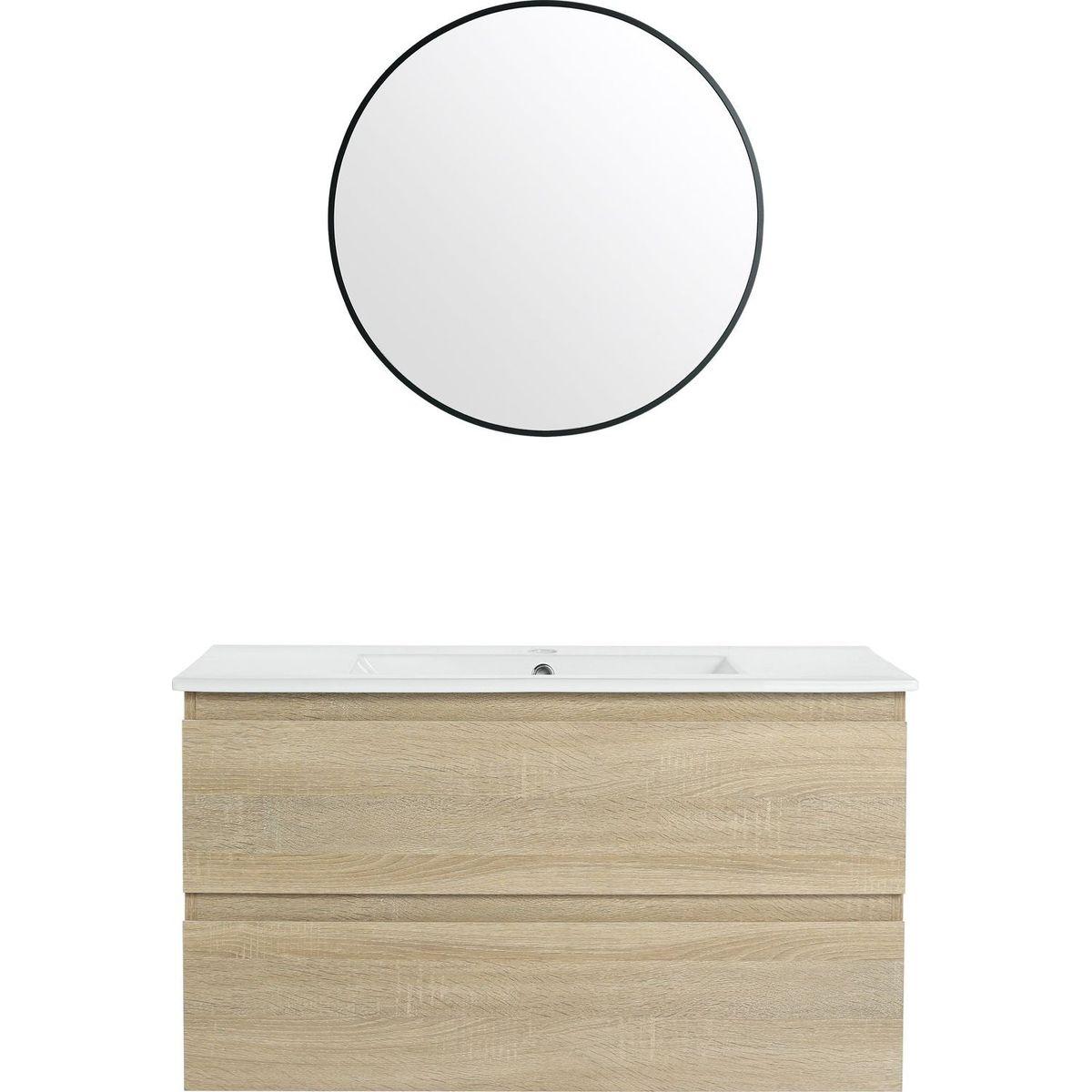 36" Wall-Mounted Bathroom Vanity With Ceramic Sink, 2-Soft Close Drawers, KD-Package