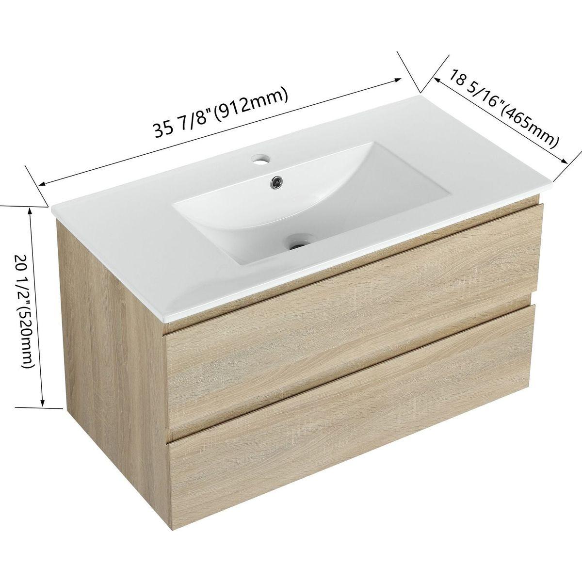 36" Wall-Mounted Bathroom Vanity With Ceramic Sink, 2-Soft Close Drawers, KD-Package