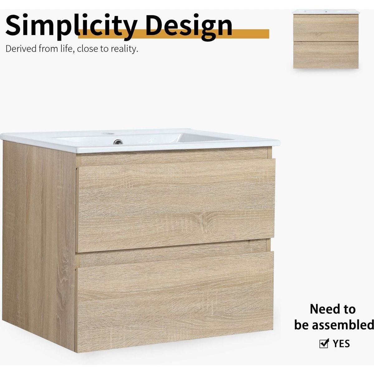 24" Wall-Mounted Bathroom Vanity With Ceramic Sink, 2-Soft Close Drawers, KD-Package