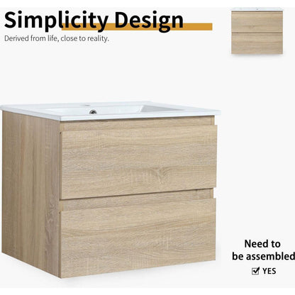 24" Wall-Mounted Bathroom Vanity With Ceramic Sink, 2-Soft Close Drawers, KD-Package