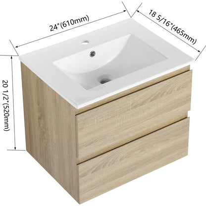 24" Wall-Mounted Bathroom Vanity With Ceramic Sink, 2-Soft Close Drawers, KD-Package