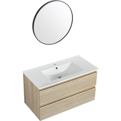 36" Wall-Mounted Bathroom Vanity With Ceramic Sink, 2-Soft Close Drawers, KD-Package