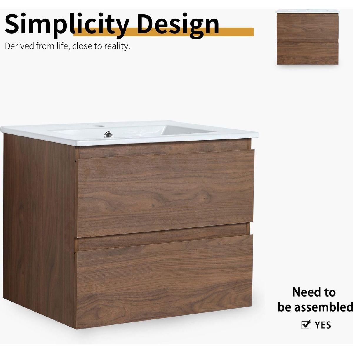 24" Wall-Mounted Bathroom Vanity With Ceramic Sink, 2-Soft Close Drawers, KD-Package