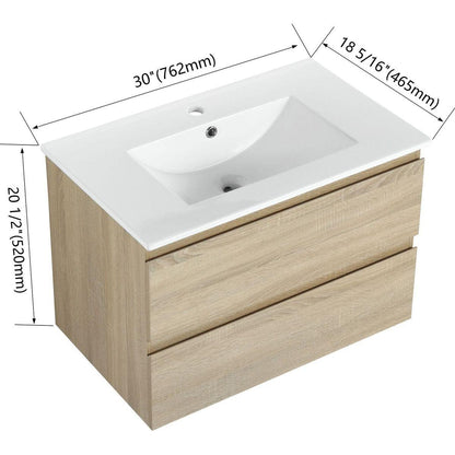 30" Wall-Mounted Bathroom Vanity With Ceramic Sink, 2-Soft Close Drawers, KD-Package