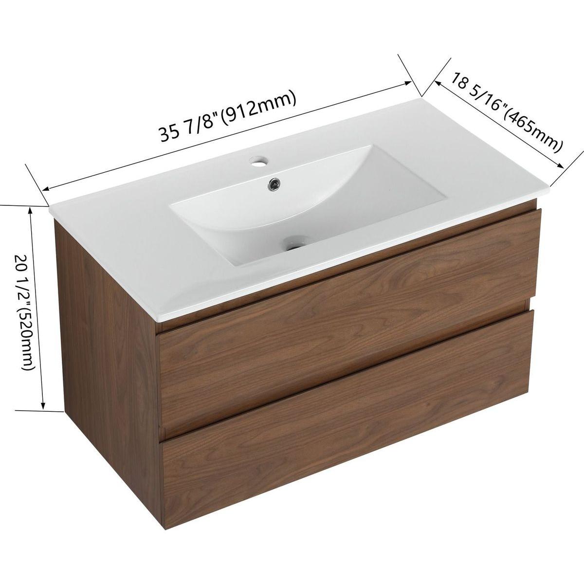 36" Wall-Mounted Bathroom Vanity With Ceramic Sink, 2-Soft Close Drawers, KD-Package