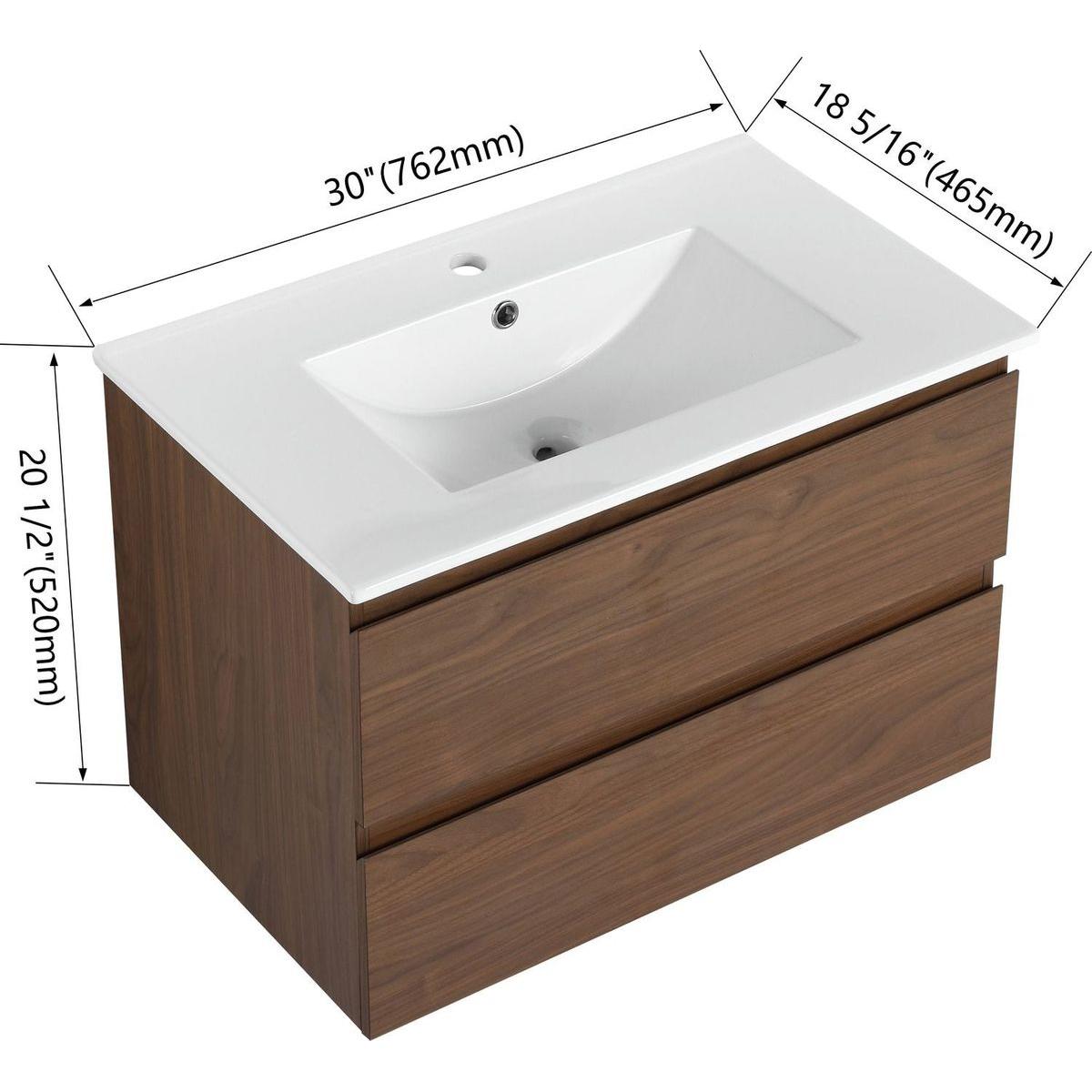 30" Wall-Mounted Bathroom Vanity With Ceramic Sink, 2-Soft Close Drawers, KD-Package