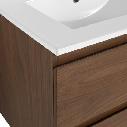 24" Wall-Mounted Bathroom Vanity With Ceramic Sink, 2-Soft Close Drawers, KD-Package