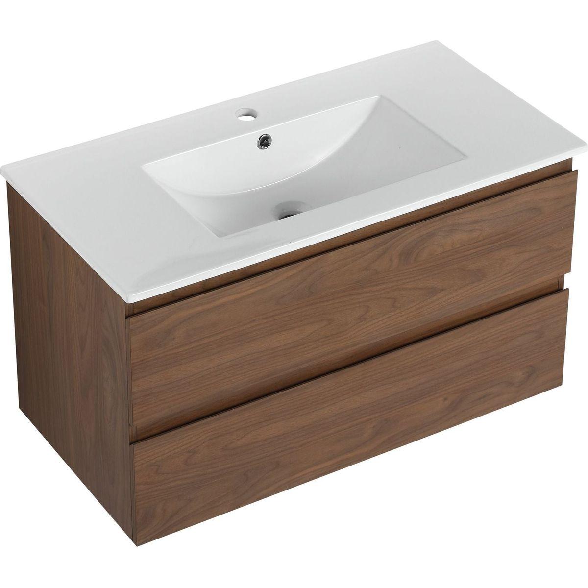 36" Wall-Mounted Bathroom Vanity With Ceramic Sink, 2-Soft Close Drawers, KD-Package